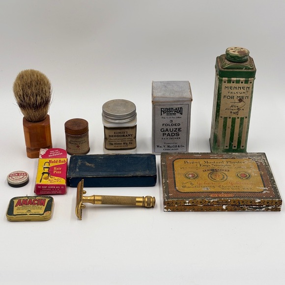 gillette Other - Vintage Apothecary Tin Lot Gillette Razor Bakelite Shaving Brush Mennen Tins